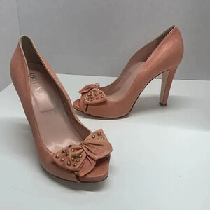 Valentino Red V High Heel Pumps Shoes Peep Toe Studded BowCoral Pink  Size 40 10